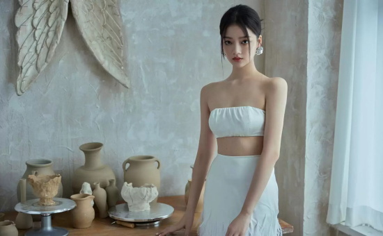 女星任敏穿白色抹胸出席活动，典雅中又带点性感